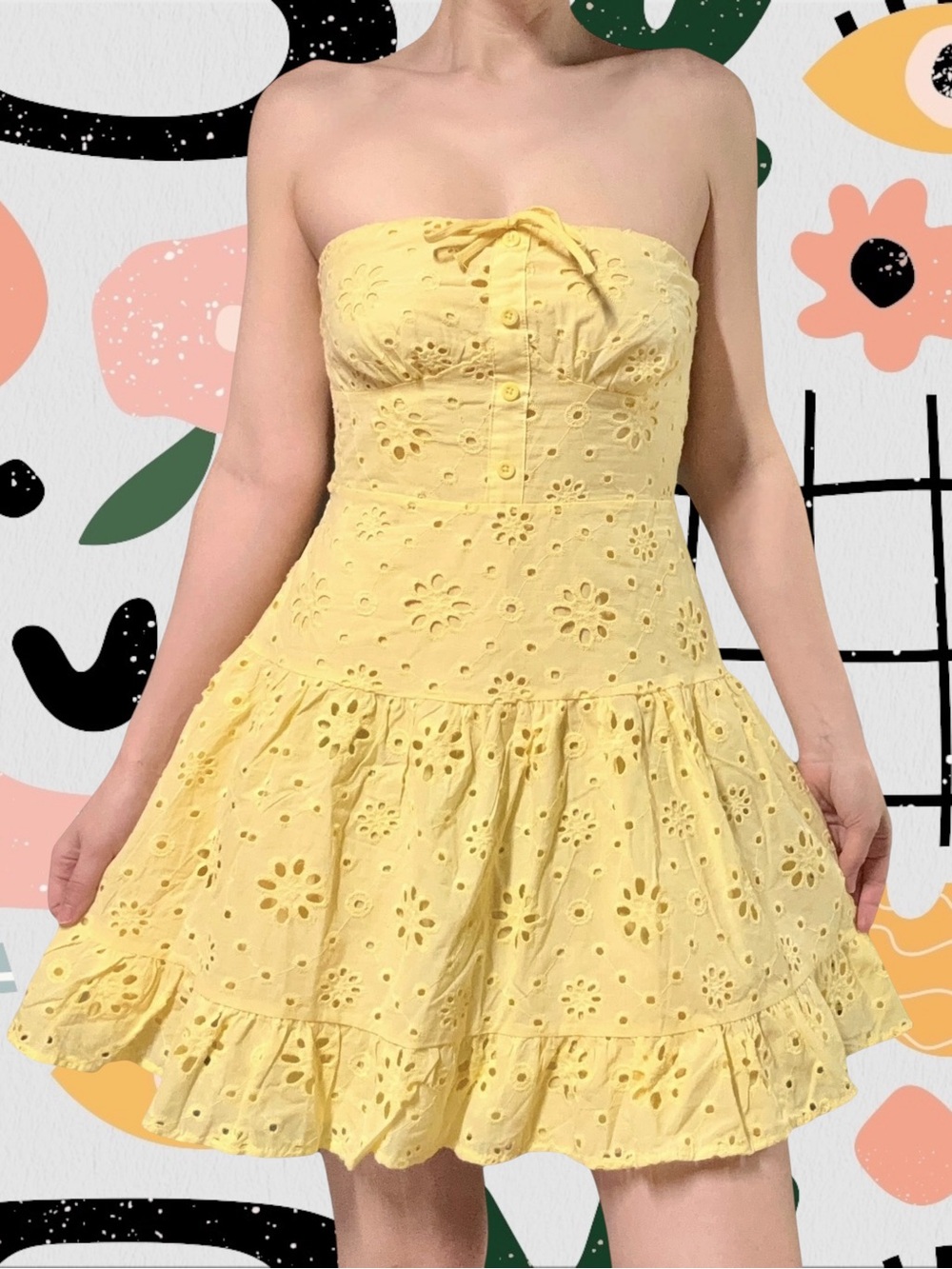 Iris | Yellow Strapless Floral Eyelet Drop Waist Mini Sundress